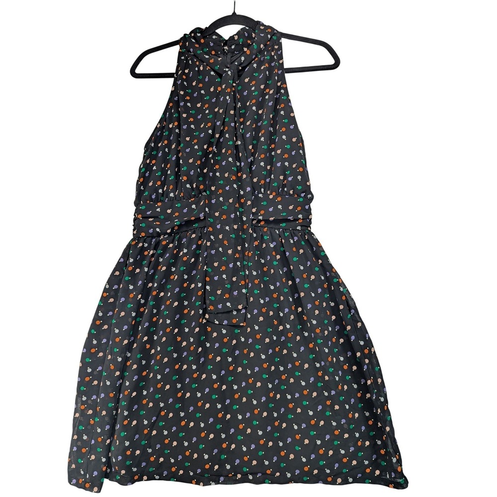 Halter Neck Polka Dot Mini Dress Black Multi Color Bow Ruched Waist Medium‎